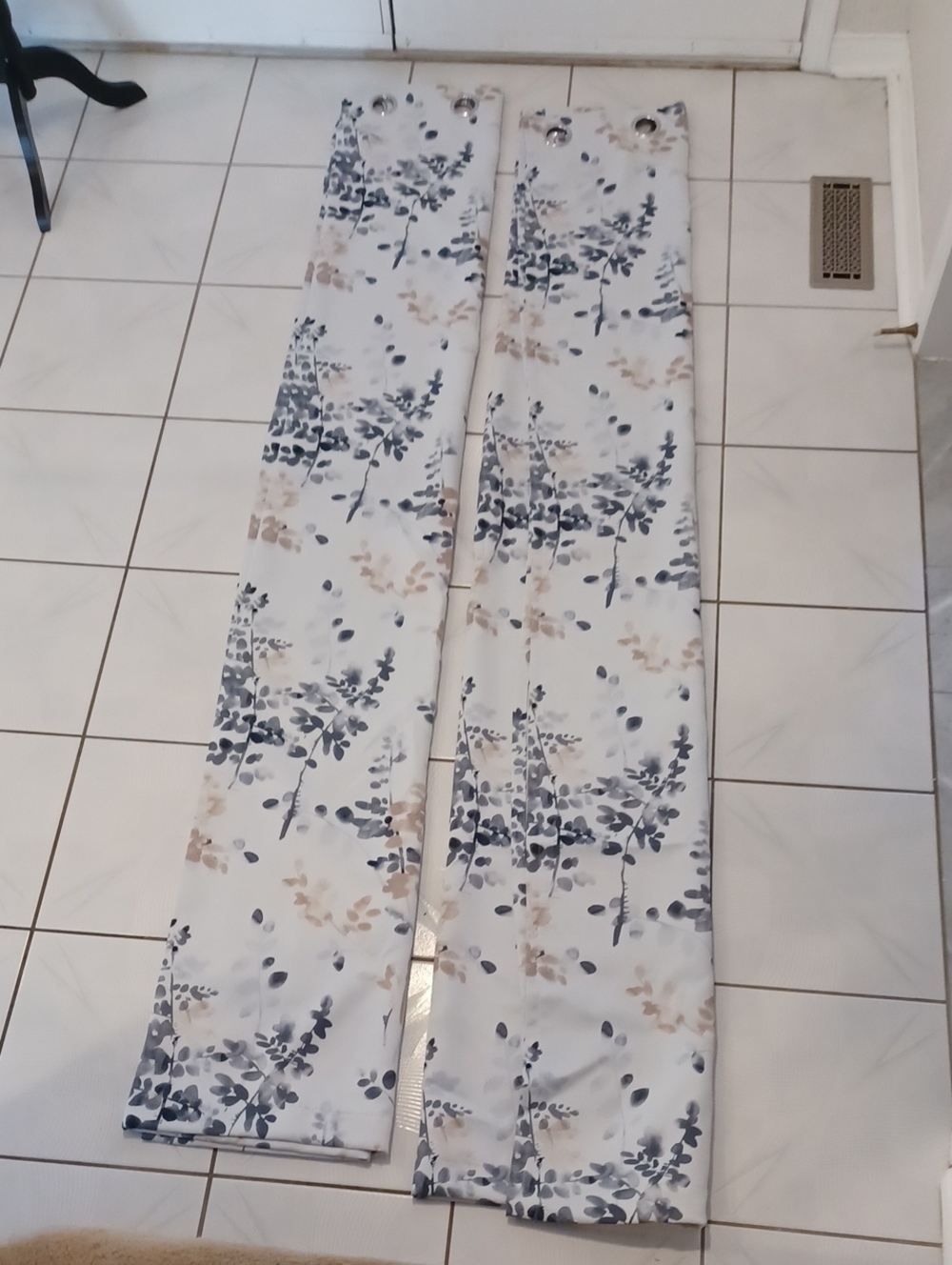 2/$50 Long White Curtains With Gray & Tan Floral Design & Grommets - Set Of 2